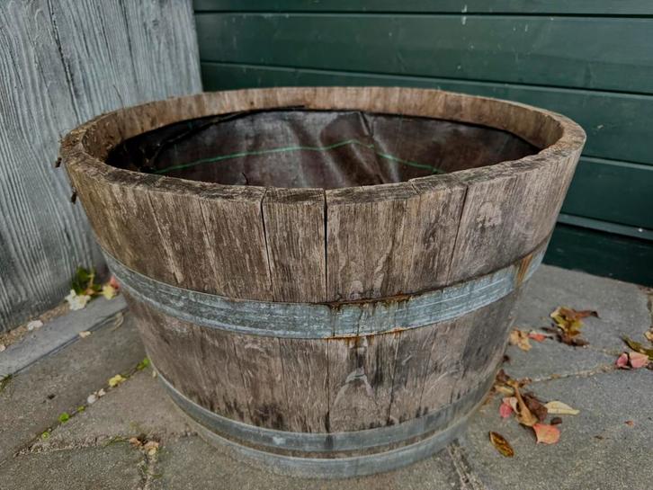 Wijnvat bloembak met worteldoek, Tuin en Terras, Bloembakken en Plantenbakken, Gebruikt, Hout, Binnen, 30 tot 60 cm, Minder dan 60 cm