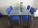 Blauwe Lederen eetkamer Stoelen - Set van 5, Huis en Inrichting, Ophalen, Blauw, Leer, Zo goed als nieuw