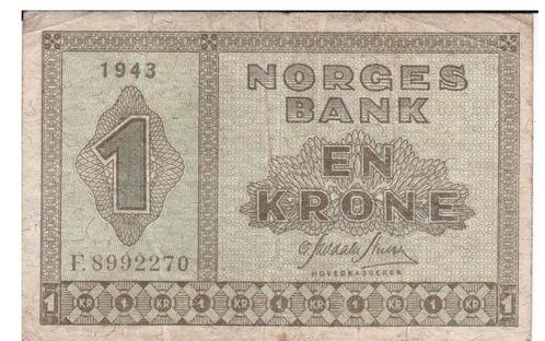 Noorwegen, 1 Kroon, 1943, Postzegels en Munten, Bankbiljetten | Europa | Niet-Eurobiljetten, Los biljet, Overige landen, Ophalen of Verzenden