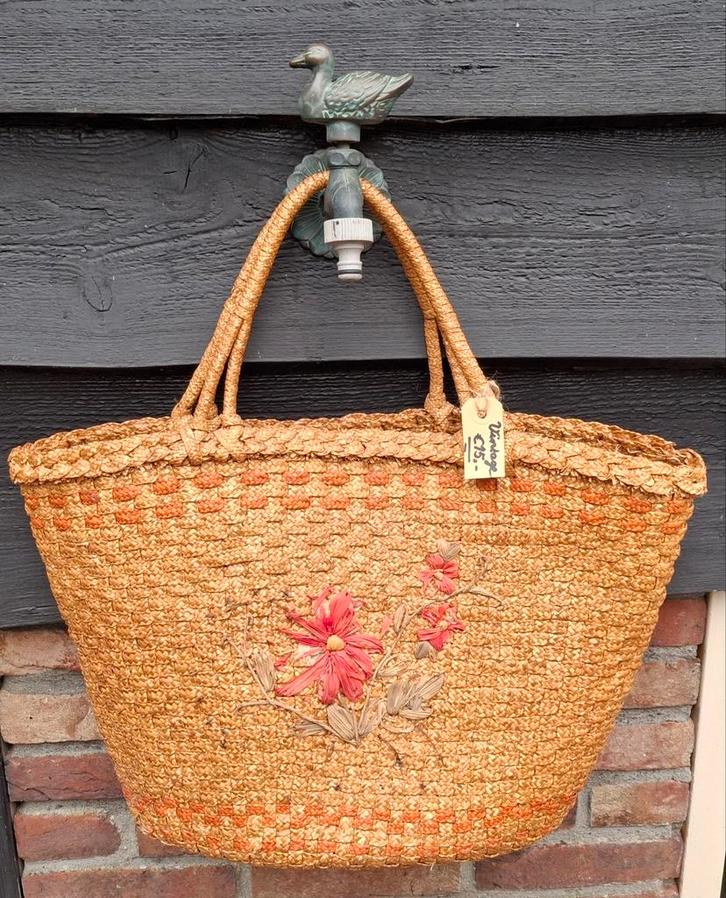 Vintage tas, boodschappentas riet, bloemen., Antiek en Kunst, Curiosa en Brocante, Ophalen of Verzenden