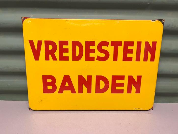 Vredestein banden emaille reclamebord Langcat Bussum, Verzamelen, Merken en Reclamevoorwerpen, Gebruikt, Reclamebord, Ophalen of Verzenden