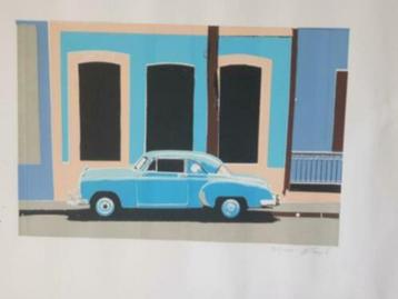 litho cuba blauwe auto blue car oldtimer gesign. beschikbaar voor biedingen