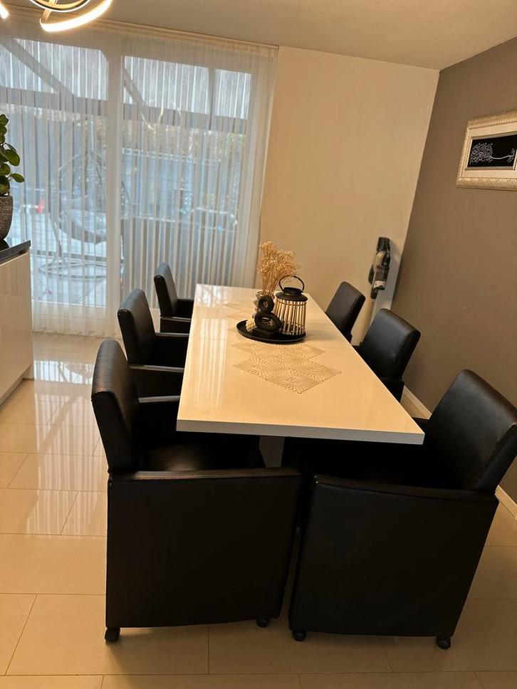 Luxe hoogglans witte eettafel + 6 stoelen, Huis en Inrichting, Tafels | Eettafels, Gebruikt, 100 tot 150 cm, 150 tot 200 cm, Vijf personen of meer