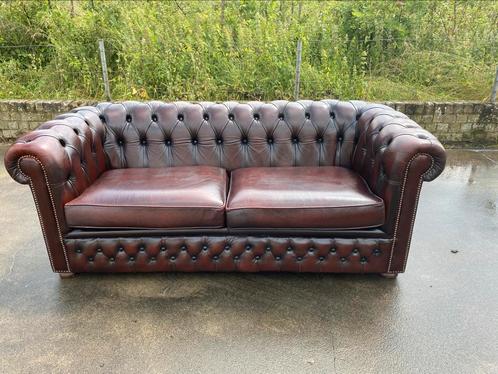 Chesterfield bruin/ zwart gevlamd leren 3- zits bank, Huis en Inrichting, Banken | Bankstellen, Gebruikt, Rechte bank, Driepersoons