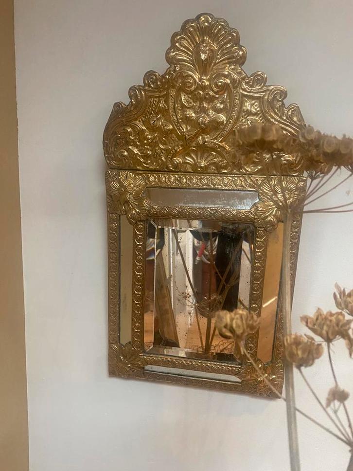Vintage messing wandspiegel in Lodewijk XIV stijl, Antiek en Kunst, Antiek | Spiegels, Minder dan 50 cm, Minder dan 100 cm, Rechthoekig