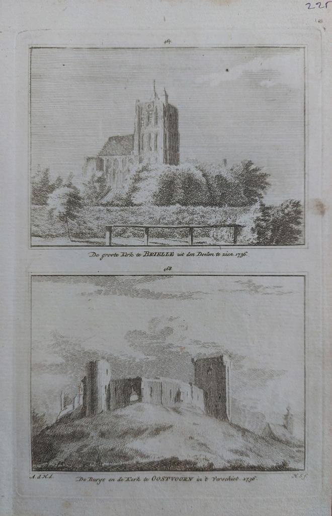 467-468 / kerk Brielle en Kerk en Burgt Oostvoorn Gravure, Antiek en Kunst, Kunst | Etsen en Gravures, Ophalen of Verzenden