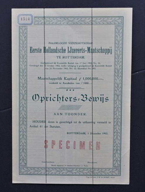 Eerste Hollandsche IJzererts-Maatschappij - Rotterdam 1902, Postzegels en Munten, Aandelen en Waardepapieren, Aandeel, Voor 1920