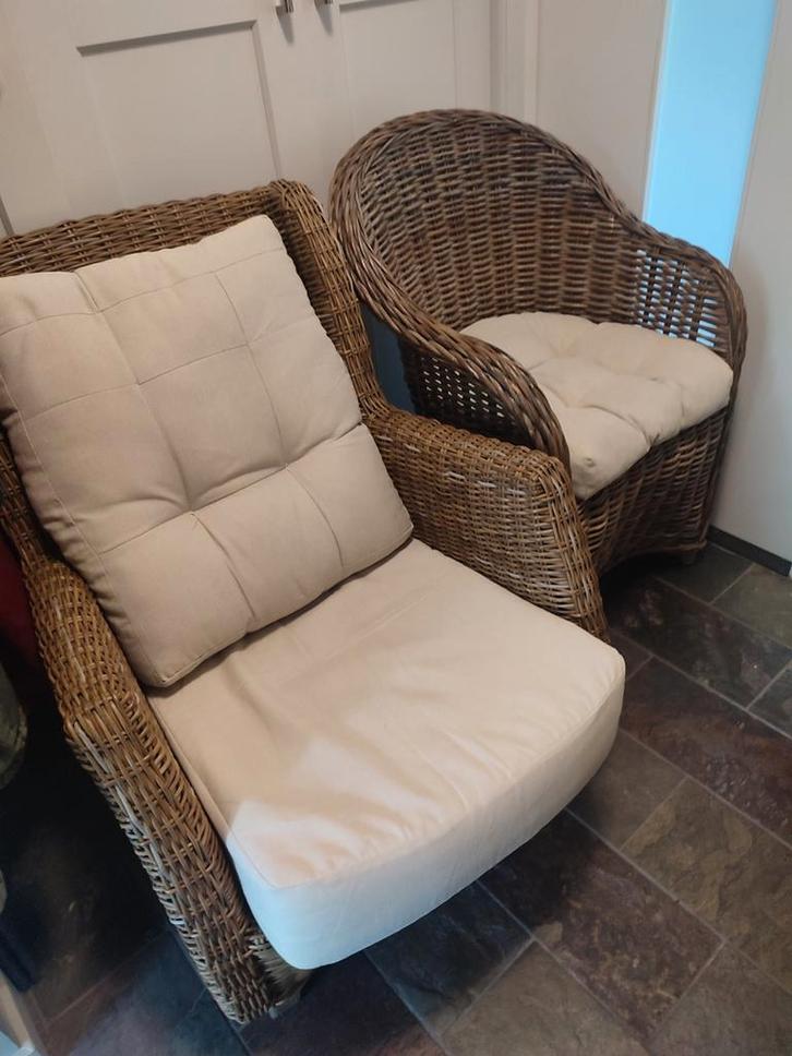 Eethoek fauteuils van dik rotan inclusief kussen, Huis en Inrichting, Fauteuils, Zo goed als nieuw, 50 tot 75 cm, 75 tot 100 cm