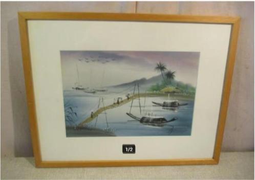 Mooi Geschilderd Aquarel 'Aziatische Bootjes' - gesigneerd, Antiek en Kunst, Kunst | Schilderijen | Klassiek, Ophalen of Verzenden