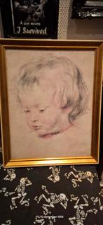 Vintage Tekening van een Baby in Gouden Lijst, Ophalen