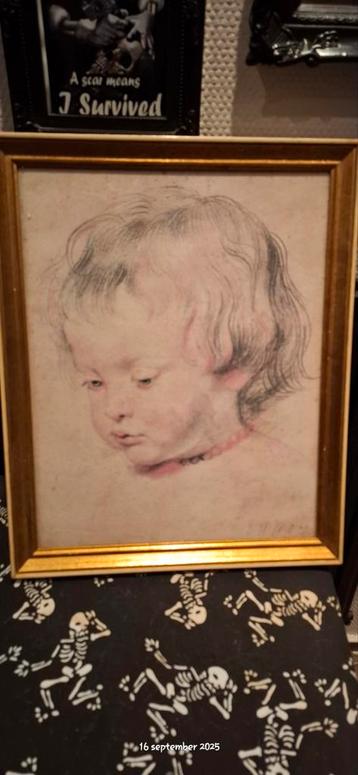 Vintage Tekening van een Baby in Gouden Lijst beschikbaar voor biedingen