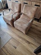 2 lichtbruine fauteuils met rvs armleuningen, Minder dan 75 cm, Stof, Zo goed als nieuw, 50 tot 75 cm