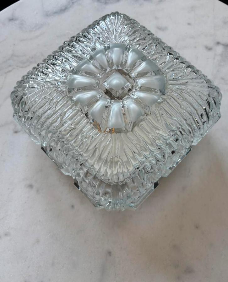 Vintage glazen plafoniere parelmoer kussen vierkant plafond, Huis en Inrichting, Lampen | Plafondlampen, Zo goed als nieuw, Glas