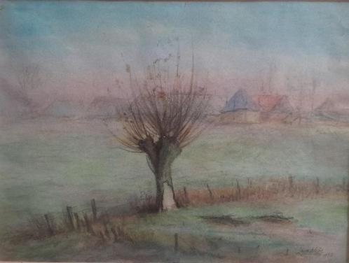 Schilderij landelijk met knotwilg, met lijst, Antiek en Kunst, Kunst | Schilderijen | Klassiek, Ophalen