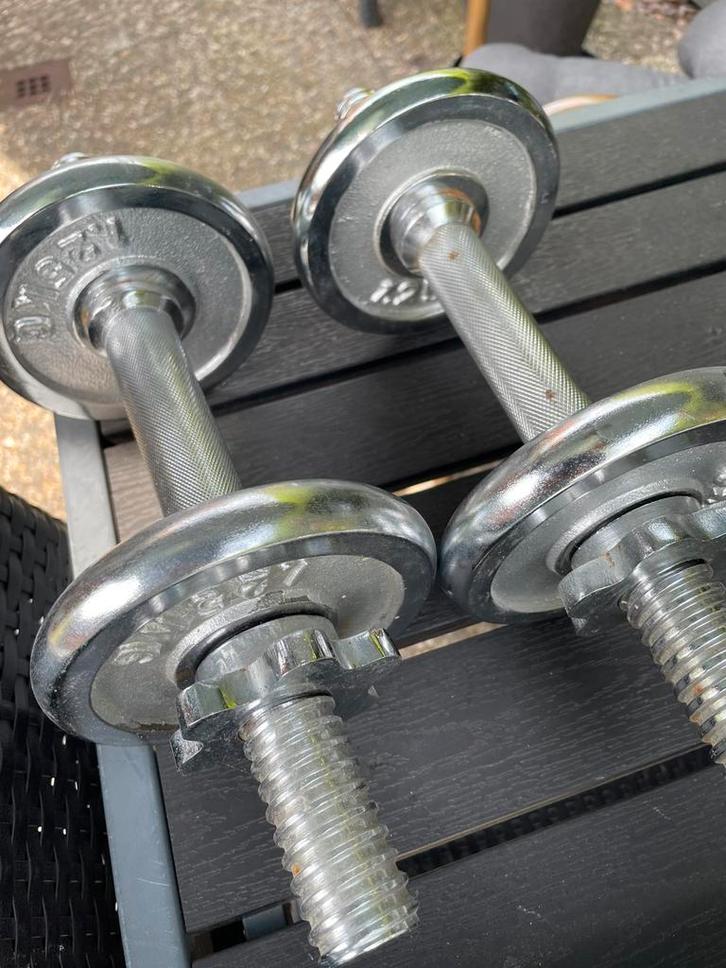 2 halters set in 1 grijze koffer vaste prijs, Sport en Fitness, Fitnessmaterialen, Zo goed als nieuw, Halterset, Armen, Borst