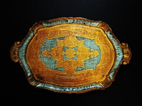 Italiaans dienblad serveerblad goud lichtblauw 58 x 38 cm., Antiek en Kunst, Curiosa en Brocante, Ophalen of Verzenden