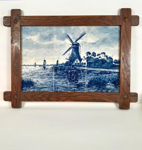 Tegeltableau Delfts Blauw - landschap met schepen en molen, Antiek en Kunst, Antiek | Wandborden en Tegels, Ophalen