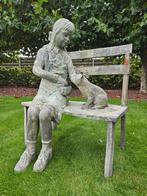 Ouder zeer zwaar bronzen tuinbank meisje met huisdier KOOPJE, Ophalen of Verzenden, Gebruikt, Overige materialen, Mensenbeeld