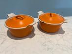 Le Creuset sauspan Harmonic Orange 14 cm in gebruikte staat, Gebruikt, Gietijzer, Ophalen of Verzenden, Keramische plaat