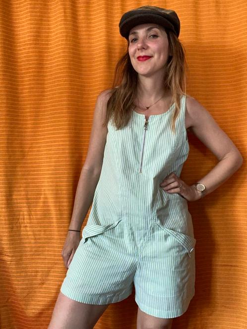 Vintage playsuit - groen - gestreept / strepen M/38, Kleding | Dames, Jumpsuits, Gedragen, Maat 38/40 (M), Groen, Ophalen of Verzenden