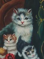 Mooi schilderij poes met kittens, in lijst , gesigneerd, kat, Ophalen of Verzenden