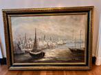 Prachtig groot schilderij (geschilderd), haven New York?, Antiek en Kunst, Kunst | Schilderijen | Klassiek, Ophalen of Verzenden