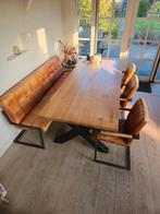 Eikenhouten eettafel, zwarte X poten en stoelen + eetbank, Ophalen, Eikenhout, 200 cm of meer, 50 tot 100 cm