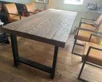 Industriële eettafel + 6 cognac leren stoelen, Huis en Inrichting, Tafels | Eettafels, Ophalen, Gebruikt, Teakhout, 200 cm of meer