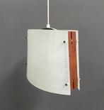 50 jaren Hang lamp teak houten zijkant & 2 wit glazen platen, Gebruikt, Glas, Vintage, Ophalen of Verzenden