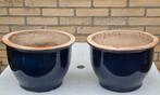 2 donker blauw geglazuurde bloempotten          samen voor :, Gebruikt, Rond, Minder dan 40 cm, Terracotta