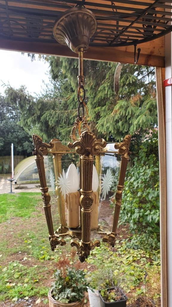 Antieken Hal lamp van massief Messing uit 1920 Met geslepen, Huis en Inrichting, Lampen | Hanglampen, Zo goed als nieuw, 75 cm of meer