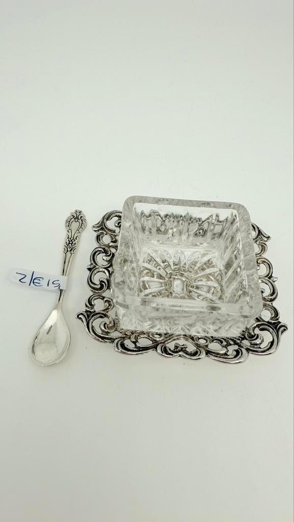 Antiek glazen zoutbakje in zilveren houder., Antiek en Kunst, Antiek | Goud en Zilver, Zilver, Ophalen of Verzenden