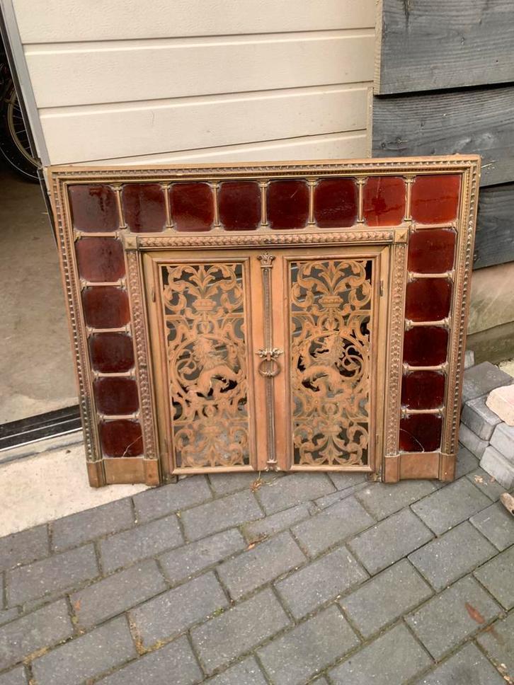 Antiek Openhaard front bj +/_ 1900  messing en glas, Antiek en Kunst, Antiek | Kleden en Textiel, Ophalen