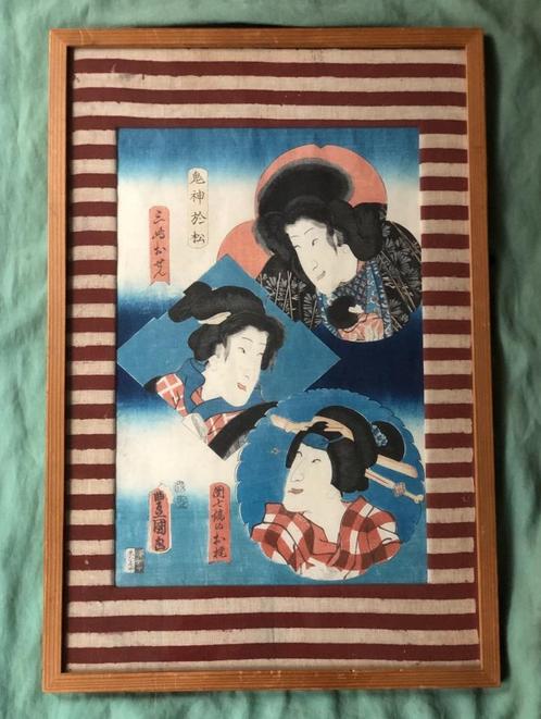 Japanse houtsnede in lijst Utagawa Kunisada, Antiek en Kunst, Kunst | Etsen en Gravures, Ophalen of Verzenden