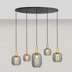 Hanglamp met mat zwarte plafondplaat en 5 glazen bollen., Huis en Inrichting, Lampen | Hanglampen, Nieuw, Ophalen of Verzenden