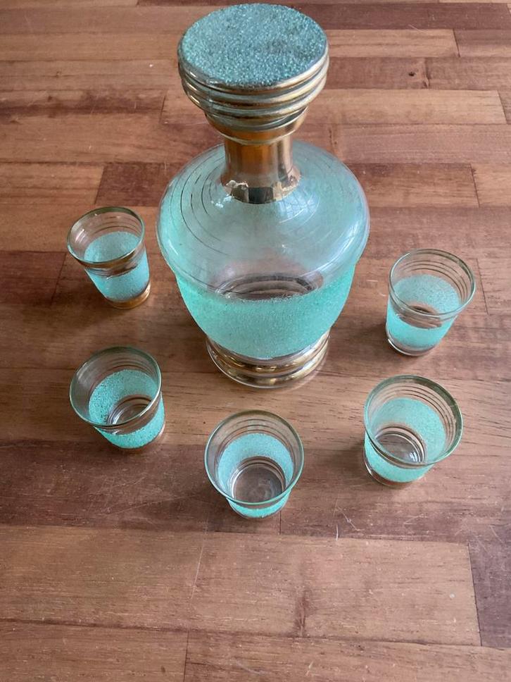 Vintage Art Deco Likeurset - Groen & Goud, Antiek en Kunst, Antiek | Glas en Kristal, Ophalen of Verzenden