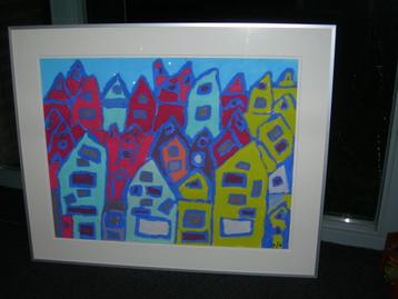huisjes in groen aqua roze, naief, acryl werk ingelijst  beschikbaar voor biedingen