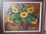 Groot schilderij Vaas met Zonnebloemen gesign René Morren, Ophalen