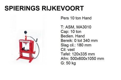 Pers 10 ton werkplaatspers shop press Spierings Rijkevoort, Doe-het-zelf en Verbouw, Gereedschap | Overige machines, Nieuw, Ophalen of Verzenden