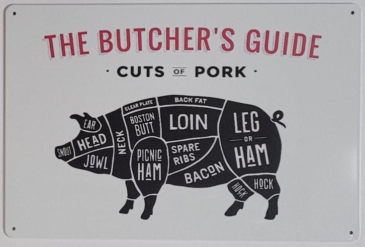 Delen van het varken butchers guide reclamebord van metaal, Tuin en Terras, Tuinwanddecoratie, Nieuw, Ophalen of Verzenden