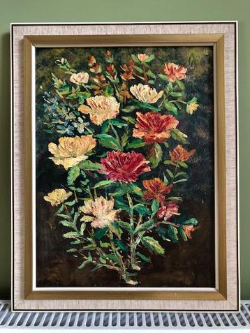 Schilderij, bloemen, olieverf, vintage, brocante, jr 50/60 beschikbaar voor biedingen