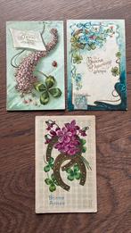 Nieuwjaar. 3 reliëfkaarten. Lieveheersbeestje,kllaver,etc., Ophalen of Verzenden, Voor 1920, Gelopen, Feest(dag)