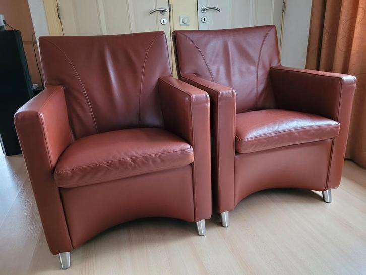 2x Leolux Dolcinea fauteuil stoel terra oranje leer, Huis en Inrichting, Fauteuils, Gebruikt, Leer, 50 tot 75 cm, 75 tot 100 cm