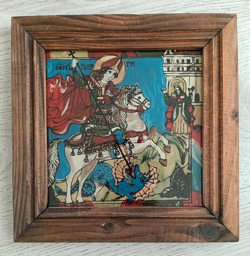 Icoon - Joris en de Draak - Achter glas schildering - 1950, Antiek en Kunst, Kunst | Schilderijen | Klassiek, Ophalen of Verzenden
