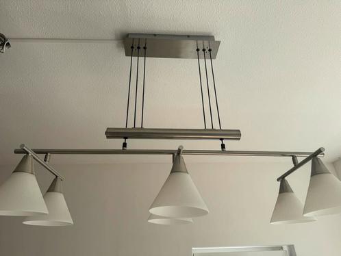 Verstelbare hanglamp in hoogte met 6 lichtbronnen, Huis en Inrichting, Lampen | Hanglampen, Gebruikt, Glas, Metaal, Ophalen