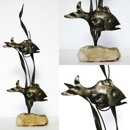 Vintage vissen decoratie vissen in het riet sculptuur beeld, Antiek en Kunst, Curiosa en Brocante, Ophalen of Verzenden