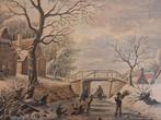 Aquarel Winterlandschap met Schaatsers, Antiek en Kunst, Ophalen of Verzenden