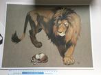 Illustratie / tekening Frank Pé: leeuw en huiskat - 40x30cm, Antiek en Kunst, Ophalen of Verzenden