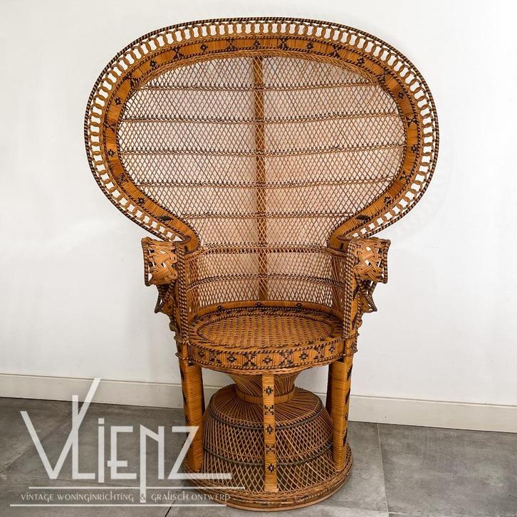 Vintage, rotan, Ibiza, Emmanuelle stoel, Pauwenstoel, Huis en Inrichting, Stoelen, Gebruikt, Eén, Riet of Rotan, Bruin, Ophalen