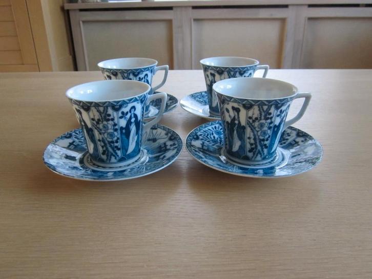 4 Chinese Lange Lijs kop D7,5 H7cm en schotels D13cm, Huis en Inrichting, Keuken | Servies, Zo goed als nieuw, Kop(pen) en/of Schotel(s)